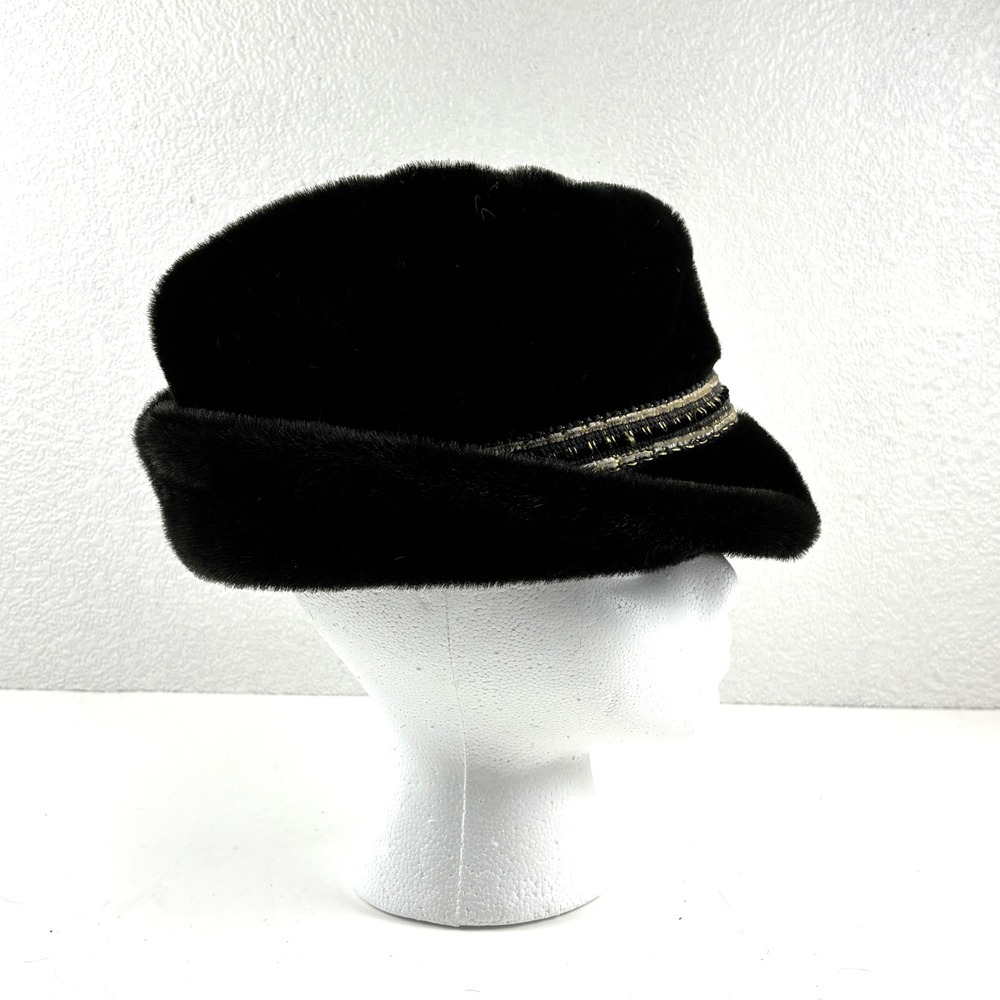 Vintage Faux Fur Fedora Hat Mens Large Black Excellent Ear Flaps Feather Pin - Picture 5 of 6